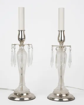 Wheel Cut Glass Candlestick Lamps with Crystal Prisms